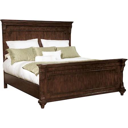 Queen-Size Panel Headboard & Footboard Bed with Traditional Molding Details & Heavily Distressed Artistic Finish